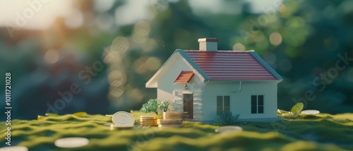 A miniature house with coins and greenery around it, bathed in soft sunlight, evoking themes of real estate investment and financial growth. photo