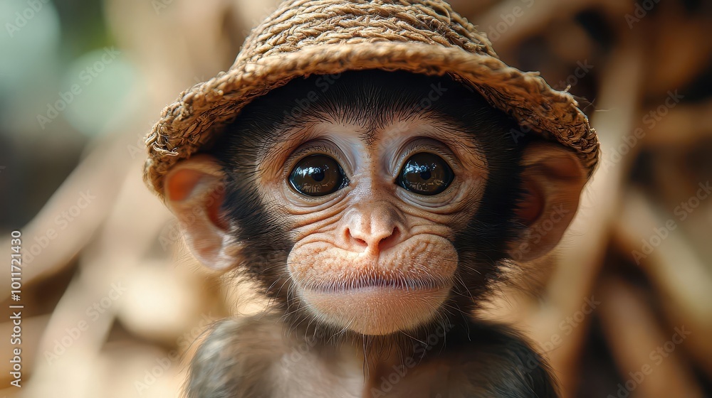 adorable monkey wearing a stylish hat showcasing a playful personality and charm set against a soft natural backdrop radiating warmth and cuteness inviting smiles from viewers adorable monkey wearing a stylish hat showcasing a playful personality and charm set against a soft natural backdrop radiating warmth and cuteness inviting smiles from viewers