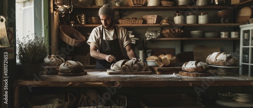 Wallpaper Mural A baker in a cozy bakery meticulously dusts flour on freshly baked artisan bread, surrounded by wooden shelves filled with baking tools and ingredients. Torontodigital.ca