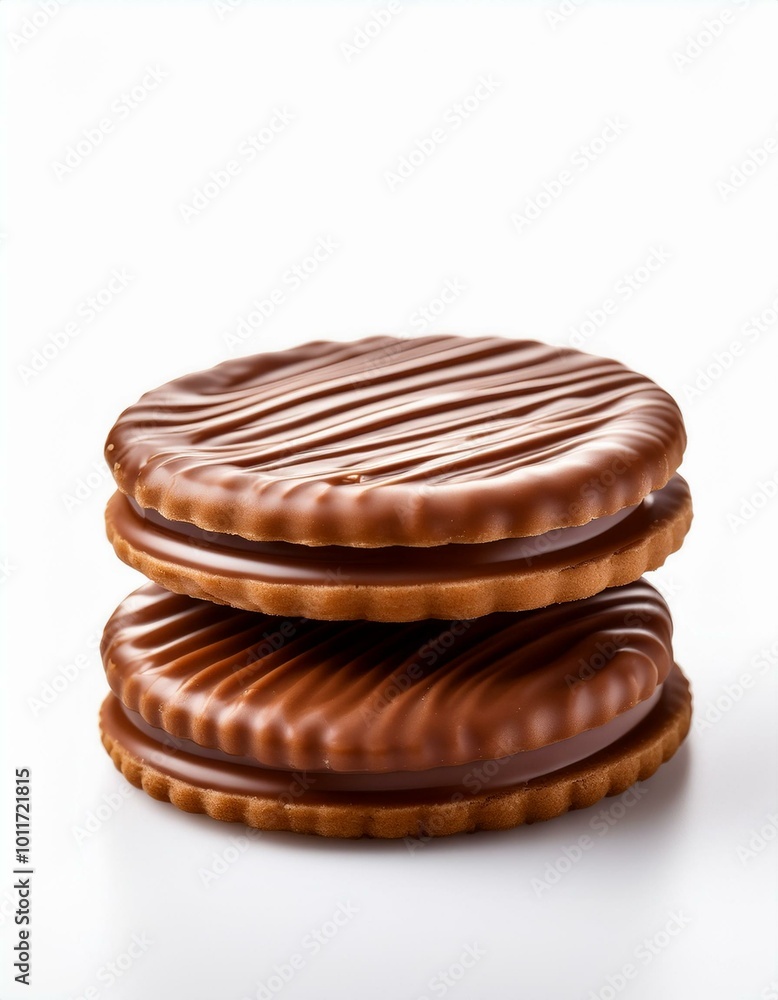 Isolated on a clean white background, making the details of the chocolate coating and the biscuit underneath stand out. Isolated on a clean white background, making the details of the chocolate coating and the biscuit underneath stand out.