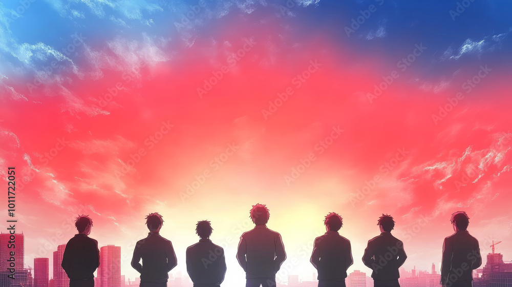 Silhouettes of 7 men stand against a vibrant red and blue sky. Silhouettes of 7 men stand against a vibrant red and blue sky.