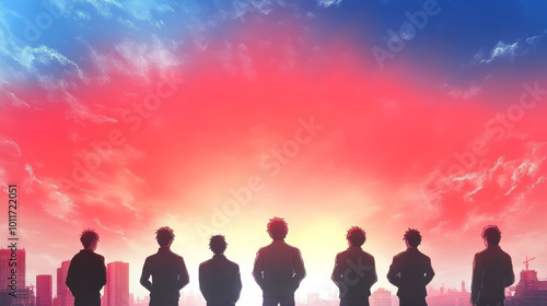 Silhouettes of 7 men stand against a vibrant red and blue sky.