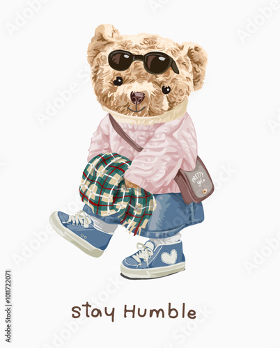 stay humble slogan with cute girly bear doll in pink sweater vector illustration