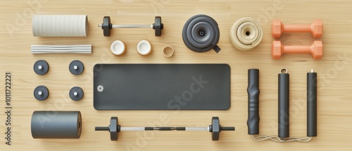 Neatly arranged workout essentials, including dumbbells, resistance bands, and a yoga mat, spread out on a wooden floor.