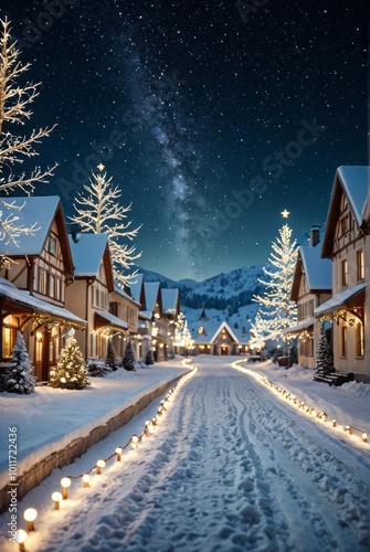 Christmas background - snow landscape with sparkling lights christmas background Ultra realistic Photorealistic picturesque scenery