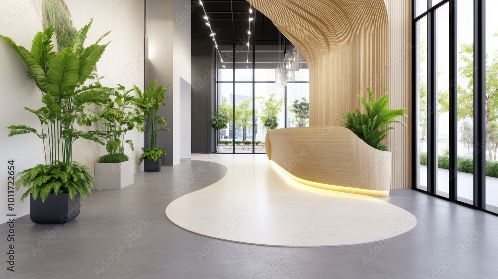Fototapeta premium Modern Reception Area with Greenery and Wood Accents