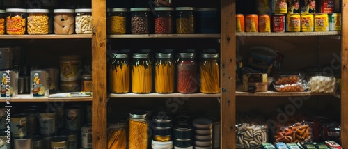Wallpaper Mural A rustic pantry filled with various jarred goods and boxed items, evoking a sense of self-sufficiency and sustainability. Torontodigital.ca