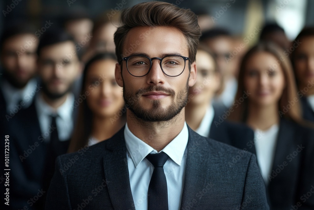Portrait of an handsome businessman in front of his team. recognition, movement on the career ladder, success in business, Generative AI Portrait of an handsome businessman in front of his team. recognition, movement on the career ladder, success in business, Generative AI