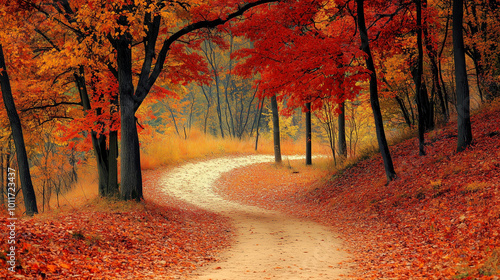 Curved Path in Forest Covered with Autumn Leaves in Vibrant Red & Orange

