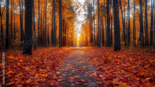 Sunlit Autumn Forest Path Covered with Red Leaves at Golden Hour

