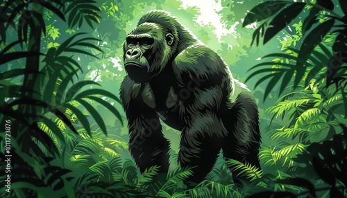 Powerful gorilla in dense jungle habitat 