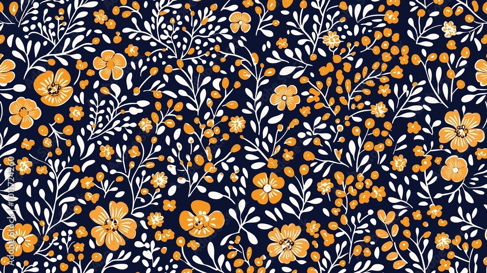 Blue and orange floral patterned fabric. The flowers are orange and white. The pattern is very detailed and intricate Blue and orange floral patterned fabric. The flowers are orange and white. The pattern is very detailed and intricate
