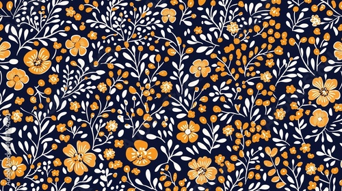 Blue and orange floral patterned fabric. The flowers are orange and white. The pattern is very detailed and intricate