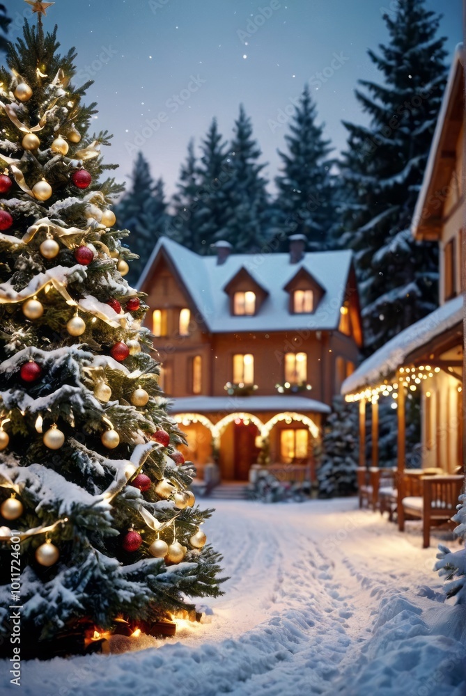 Christmas tree, winter wonderland, cozy illuminated house, snow-covered landscape, festive decorations, holiday lights, peaceful night sky, warm glow, serene winter scene, charming village, snow-laden Christmas tree, winter wonderland, cozy illuminated house, snow-covered landscape, festive decorations, holiday lights, peaceful night sky, warm glow, serene winter scene, charming village, snow-laden