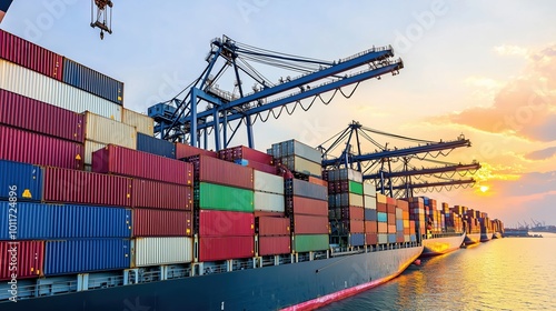 Large cargo ship is docked at a port with a beautiful sunset in the background. Concept of calm and serenity, as the ship and its surroundings are bathed in warm, golden light
