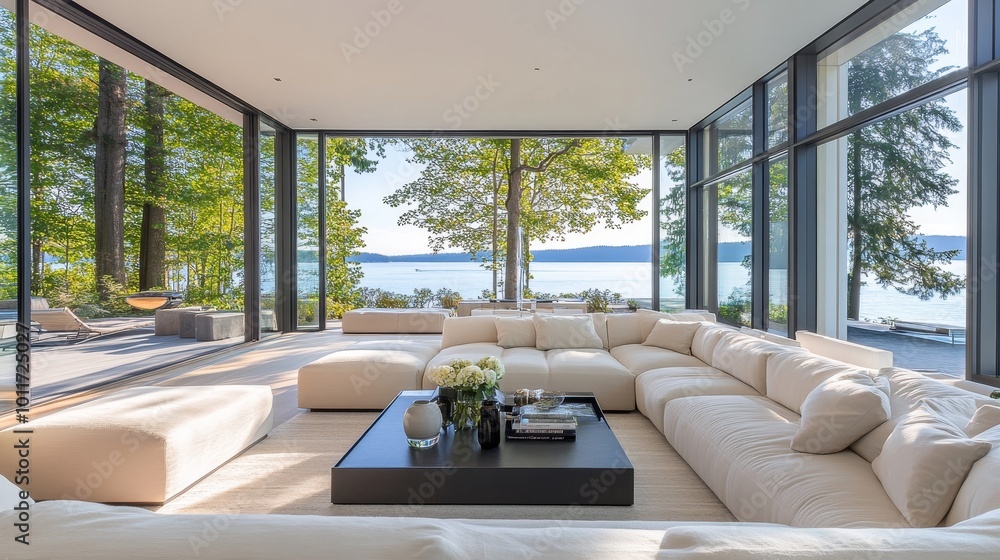 Fototapeta premium A modern living room with large windows showcasing a scenic view of water and trees, emphasizing comfort and relaxation.