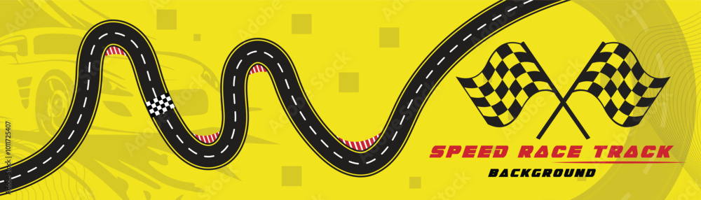 Creative vector illusion of race track isolated on yellow background. Speed race track background design with sport car. Creative vector illusion of race track isolated on yellow background. Speed race track background design with sport car.