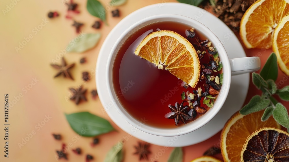 Cup of Aromatic Tea with Oranges Spices on Rustic Wooden Table Cup of Aromatic Tea with Oranges Spices on Rustic Wooden Table