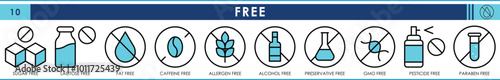 A set of line icons related to Sugar, Gluten, fat, caffeine, allergen, alcohol, preservative, chemical, GMO, pesticides free icons. Vector editable stroke.