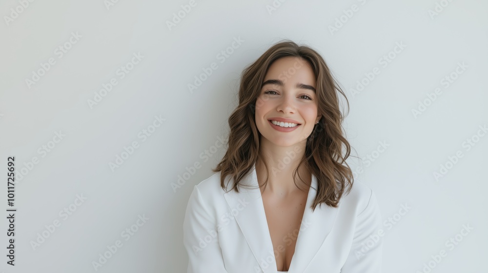 Woman with short hair is smiling and wearing a white jacket. She looks happy and confident. Concept of positivity and self-assurance Woman with short hair is smiling and wearing a white jacket. She looks happy and confident. Concept of positivity and self-assurance