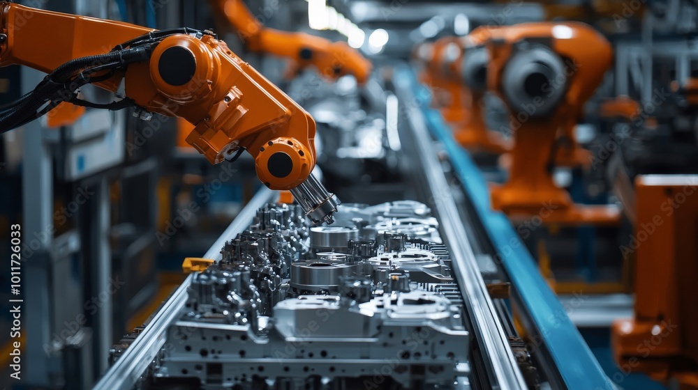 An automotive engine being assembled on a conveyor belt, robotic systems aiding in the precise placement of components An automotive engine being assembled on a conveyor belt, robotic systems aiding in the precise placement of components