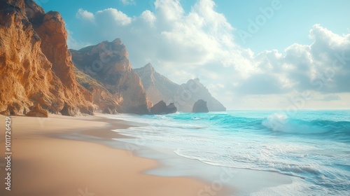 A scenic view of a secluded beach with turquoise water, white sand, and rugged cliffs under a blue sky with white clouds.