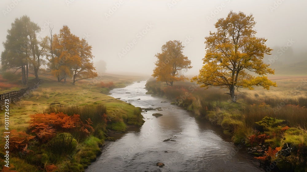 A foggy morning scene with autumn trees and a river running through the landscape A foggy morning scene with autumn trees and a river running through the landscape
