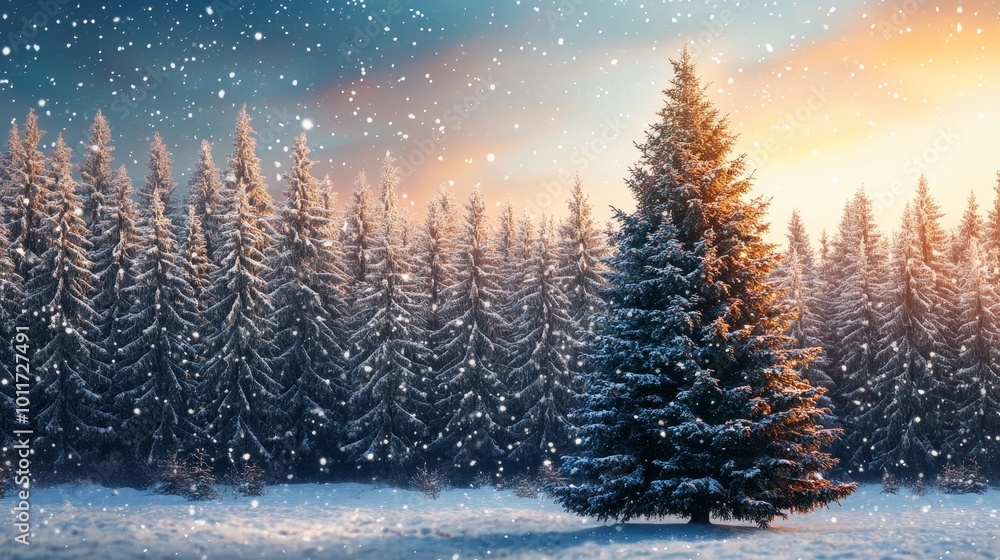 Christmas Tree in Winter Forest Covered with Snow Falling Snowflakes Christmas Tree in Winter Forest Covered with Snow Falling Snowflakes