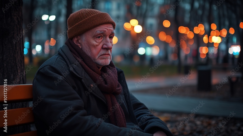 Old Elderly Man Sitting on a Bench in Winter Snowfall with Cane Old Elderly Man Sitting on a Bench in Winter Snowfall with Cane