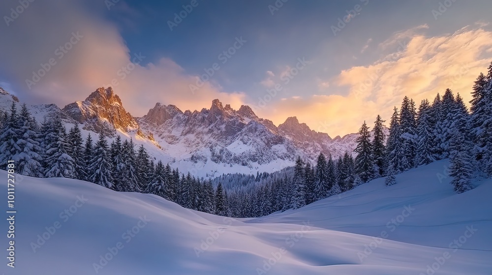 Snowy Mountain Landscape at Sunset Snowy Mountain Landscape at Sunset