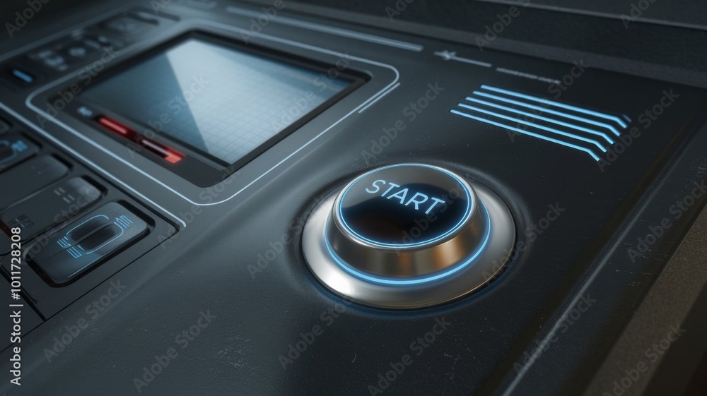 Fototapeta premium Red start and stop button luminous in the dark background.