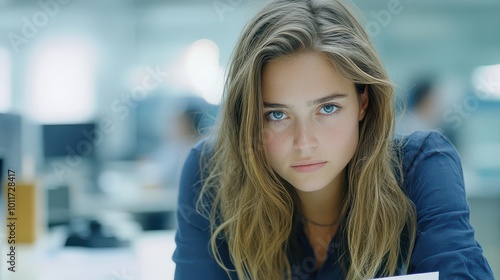 Serious young woman with long brown hair looking intensely at the camera in a busy office setting