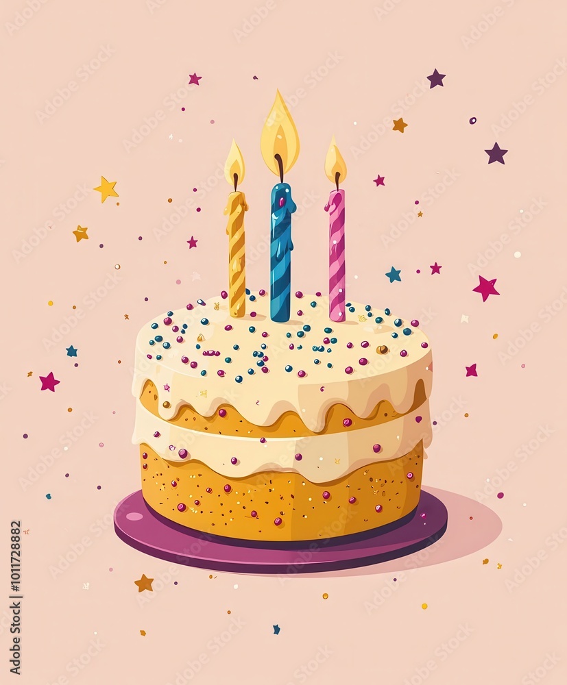 Illustration of a birthday cake with three lit candles and colorful sprinkles against a light pink background Illustration of a birthday cake with three lit candles and colorful sprinkles against a light pink background