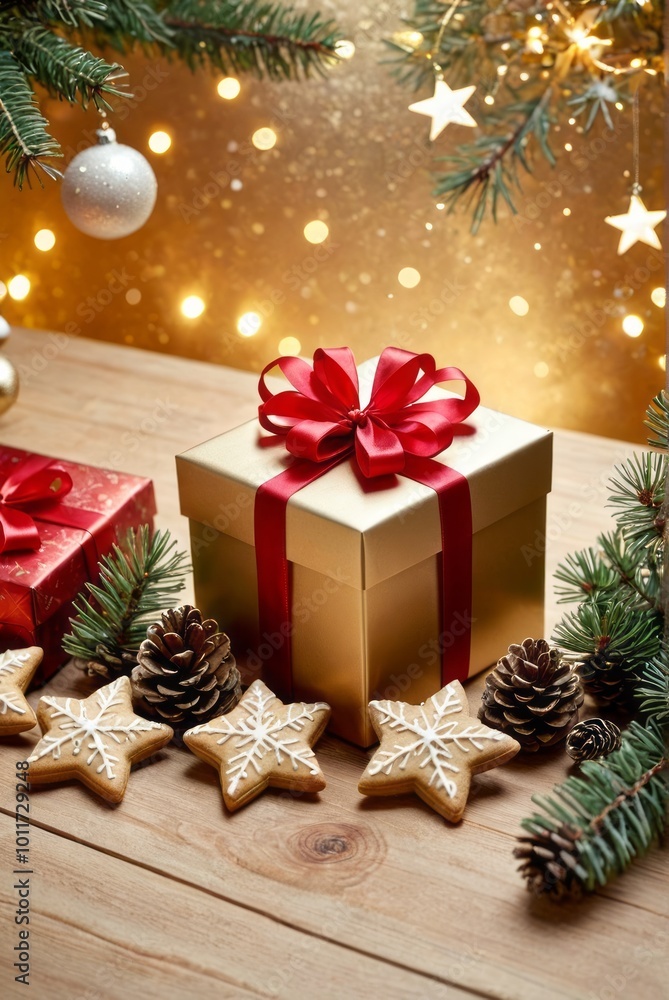Christmas scene, festive gift box with red ribbon, wooden table, star-shaped cookies, pinecones, bokeh lights in background, evergreen branches, cozy holiday atmosphere
Christmas scene, festive gift box with red ribbon, wooden table, star-shaped cookies, pinecones, bokeh lights in background, evergreen branches, cozy holiday atmosphere