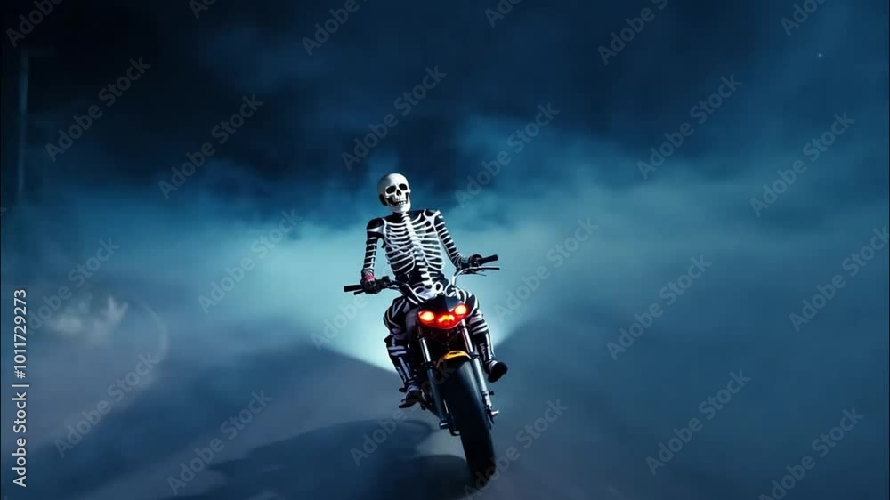 Horizontal video, Halloween and motorcycles, ghost skeleton rider riding down a night road Horizontal video, Halloween and motorcycles, ghost skeleton rider riding down a night road