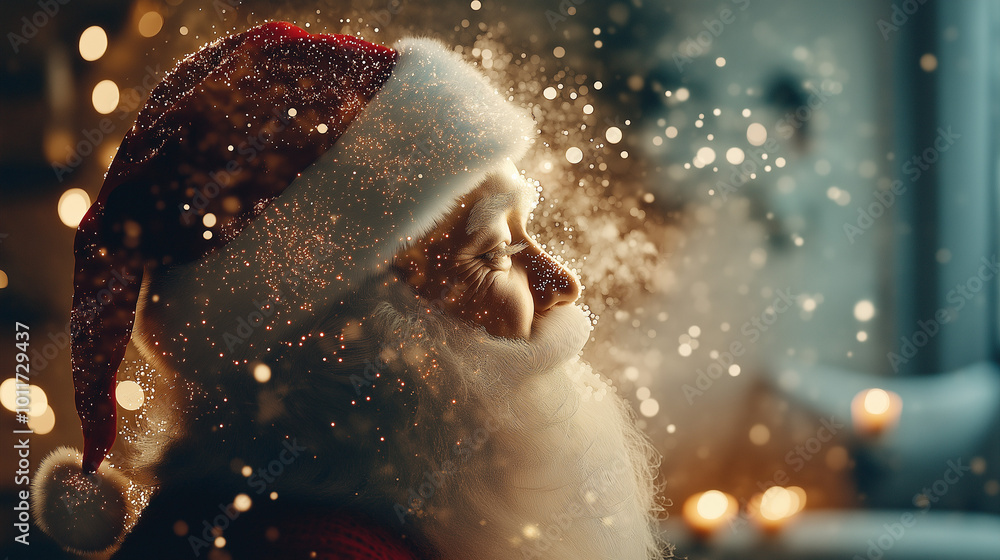 Fototapeta premium Santa silhouette blended with glowing candles and a warm living room scene, symbolizing family and Christmas traditions