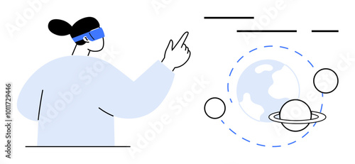 A person wearing a VR headset points at a virtual representation of the solar system with planets and Earth visible. Ideal for technology, virtual reality, education, astronomy, future. Modern line