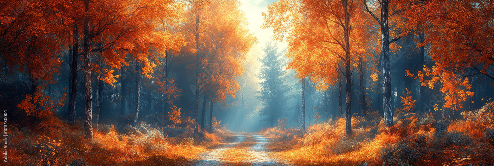 A misty forest path lined with vibrant orange and yellow autumn leaves. A misty forest path lined with vibrant orange and yellow autumn leaves.