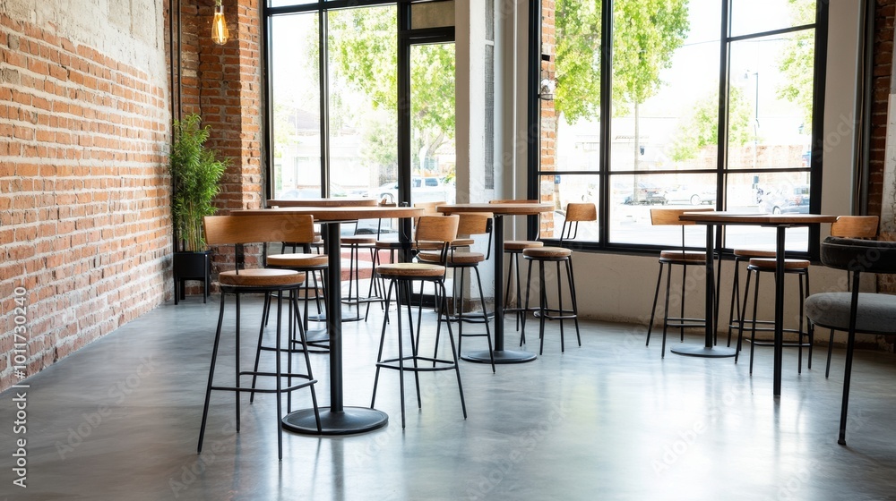 Modern Cafe Interior with Empty Chairs and Tables Modern Cafe Interior with Empty Chairs and Tables