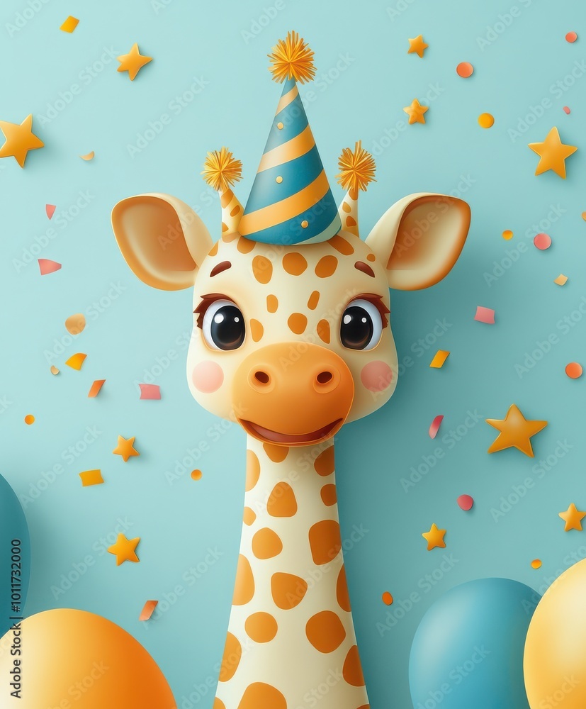Fototapeta premium Cute giraffe character wearing a party hat with balloons and confetti on a light blue background