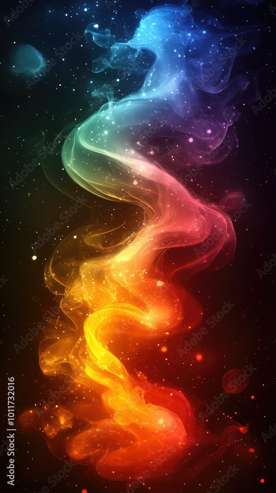 Abstract vertical wallpaper featuring a vibrant flow of energy in rainbow colors on a black background, resembling fire and light waves in space Abstract vertical wallpaper featuring a vibrant flow of energy in rainbow colors on a black background, resembling fire and light waves in space