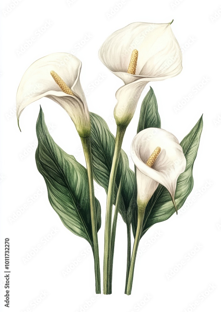 Fototapeta premium vintage-style calla lilies with elegant white trumpet-shaped petals and yellow spadices at the center. Lush green leaves with delicate detailing complement the classic, refined look, while the soft co