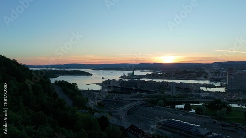 Oslo City Center, Norway at Sunset in Summer. Aerial Drone Shot. Moving Forward and Upwards photo