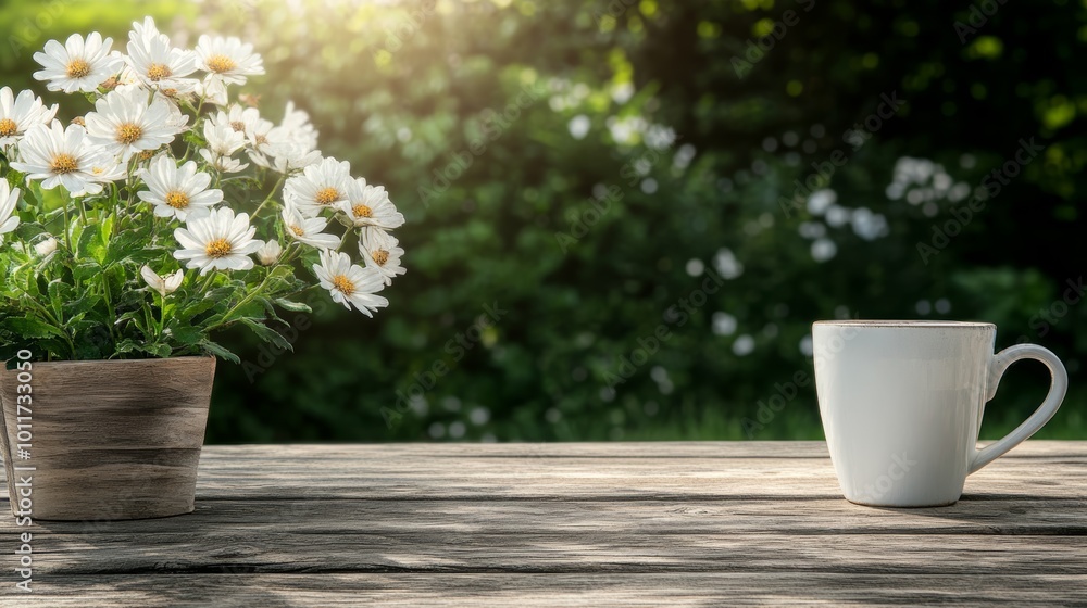 White Coffee Mug on Rustic Wooden Table with Daisy Flowers and Blurred Green Background White Coffee Mug on Rustic Wooden Table with Daisy Flowers and Blurred Green Background