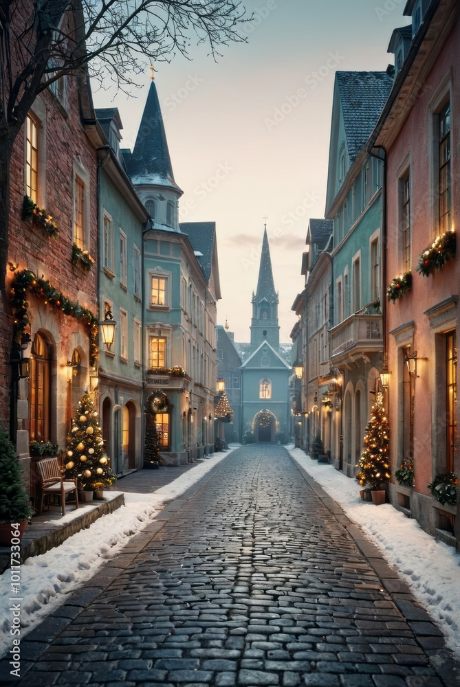 quaint european street, winter setting, snow-covered cobblestones, festive decorations, warm glowing lights, historical architecture, cozy atmosphere, twilight hour, trees adorned with lights, peacefu