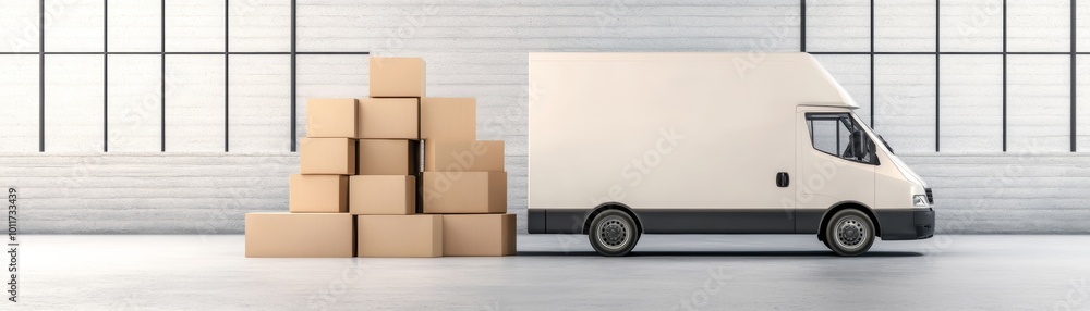 Delivery Van with Stacked Cardboard Boxes in a Warehouse Delivery Van with Stacked Cardboard Boxes in a Warehouse