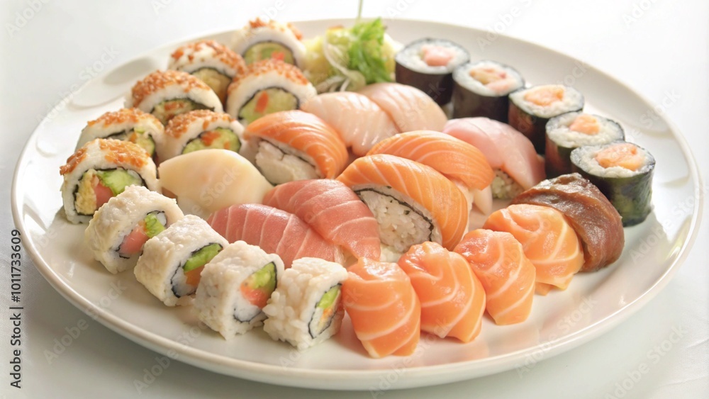 A large platter of various sushi rolls and nigiri, including salmon, tuna, and avocado, served on a white plate. A large platter of various sushi rolls and nigiri, including salmon, tuna, and avocado, served on a white plate.