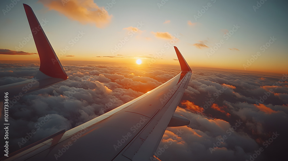 Airplane wing in the sky during sunset with clouds.
Airplane wing in the sky during sunset with clouds.