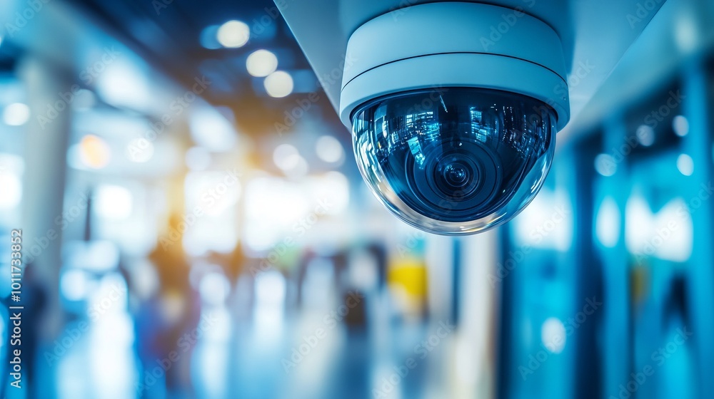 Close-Up of a CCTV Security Camera in a Business Office with Blurred Blue Background. AI generated illustration Close-Up of a CCTV Security Camera in a Business Office with Blurred Blue Background. AI generated illustration