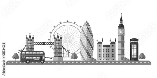 London landmarks. UK capital skyline background for postcard, banner, poster. London cityscape. English world famous architectural sightseeing. Graphic flat vector illustration in white-gray colors.